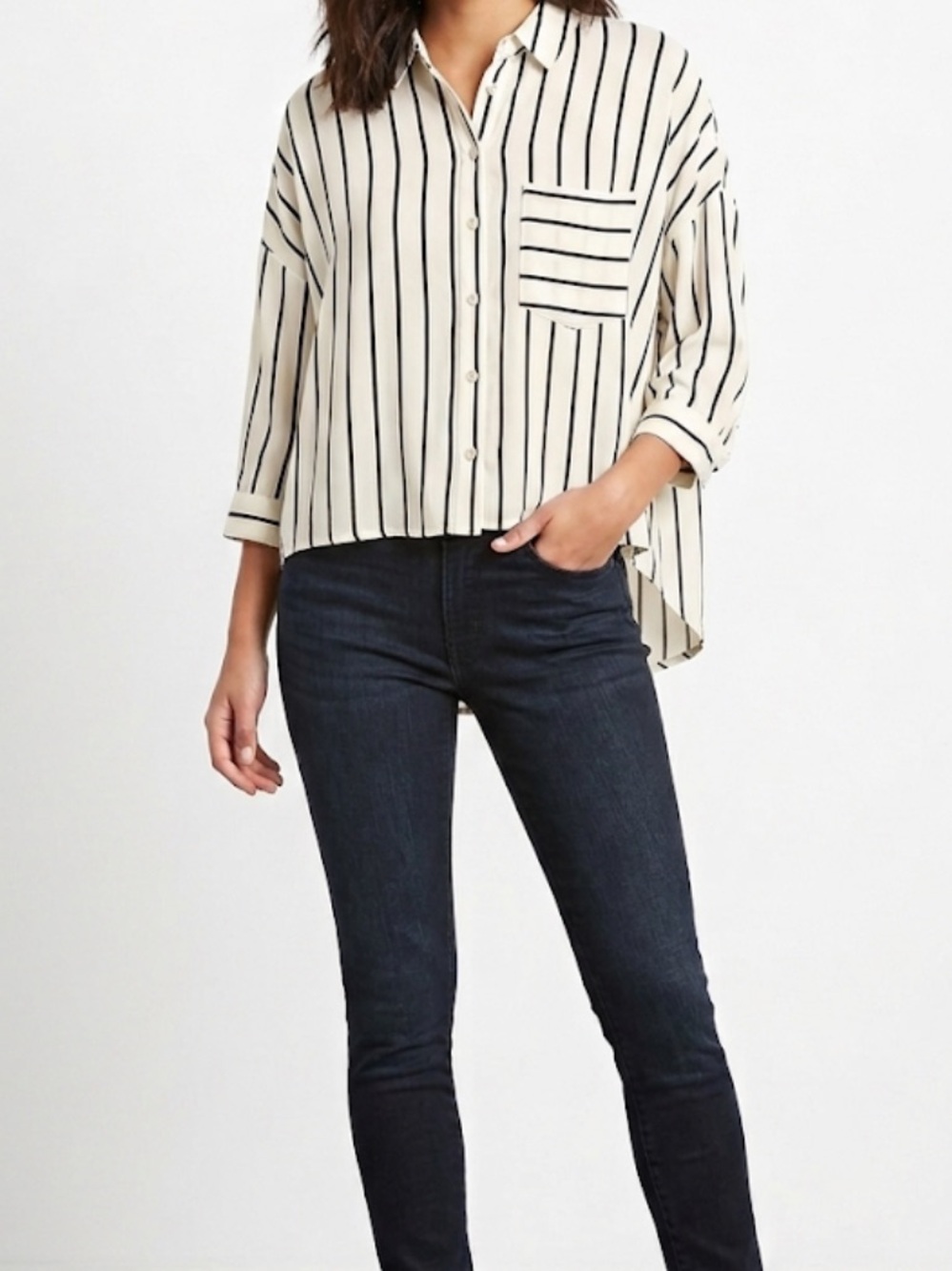 Forever 21 Striped Hi-Low Cropped Shirt 3/4 Sleeve S